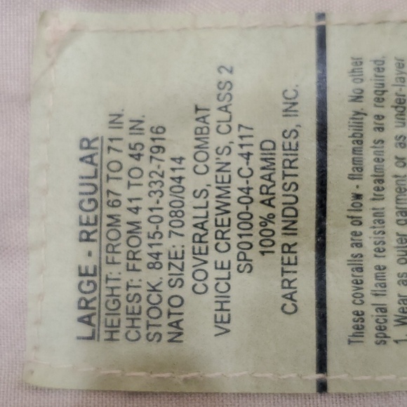 Combat coveralls men's large regular tan vehicle crewmen's class 2 flight suit - Picture 14 of 15